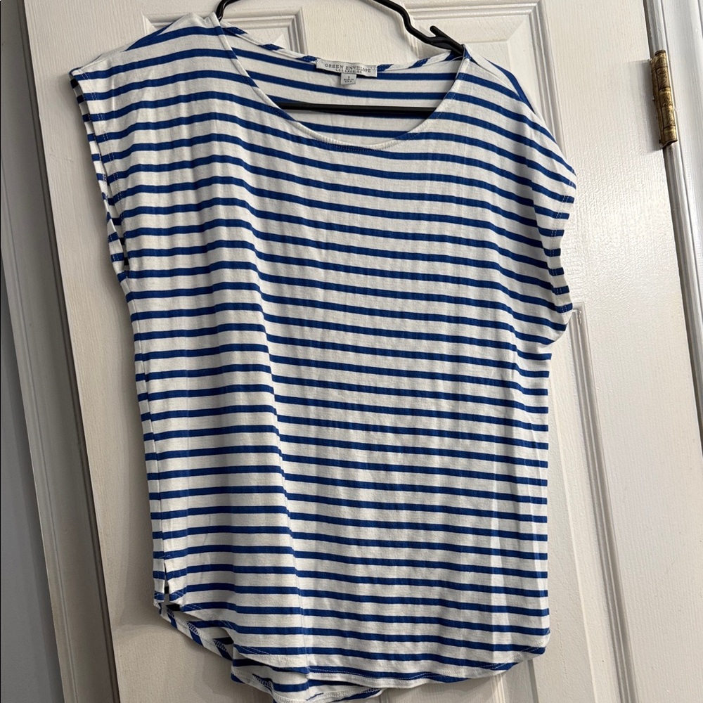 Green Envelope Blue and White Striped Tee size L